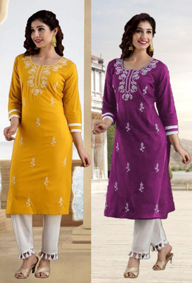 vikshi Women Chikan Embroidery Straight Kurta(Multicolor)