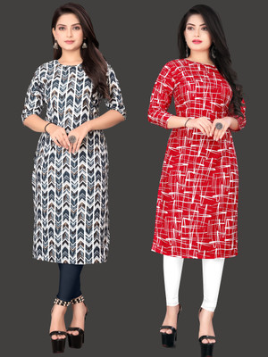 KASASKA Women Printed Straight Kurta(Purple, Red)