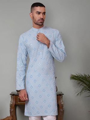 Jompers Men Embroidered Straight Kurta(Blue)
