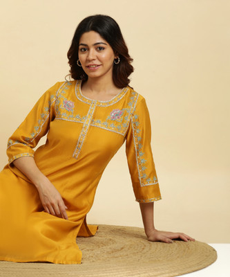 W Women Solid Straight Kurta(Yellow)