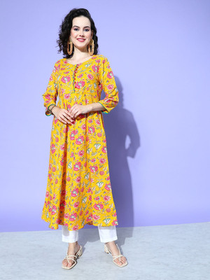 all about you Women Printed Anarkali Kurta(Yellow)