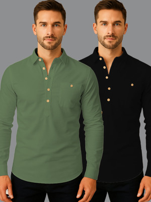 KNOWTED Men Solid Straight Kurta(Light Green, Black)