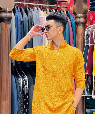 DIAMOND CLUSTER Men Embellished Straight Kurta(Yellow)