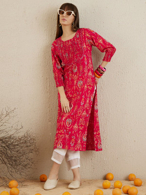 Indo Era Women Printed Straight Kurta(Pink)