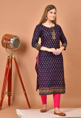 Luggit Women Printed Straight Kurta(Blue)