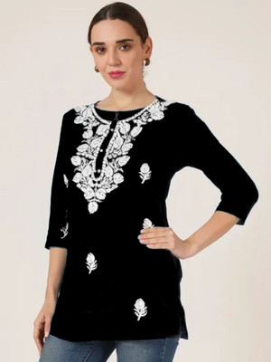vestito Women Printed Straight Kurta(Black)