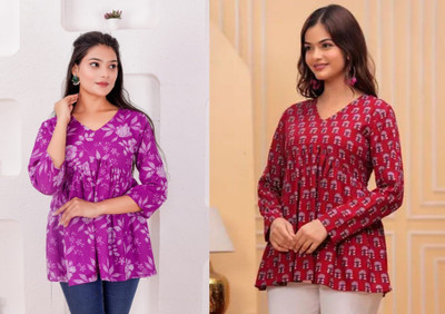Sana Women Floral Print Flared Kurta(Purple, Maroon)