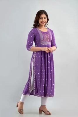 Aimca Women Printed A-line Kurta(Purple, White, Beige)