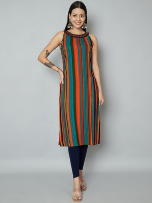 ANOUK Women Striped Straight Kurta(Orange)
