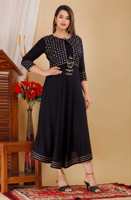 M Culture Women Floral Print Anarkali Kurta(Dark Blue)