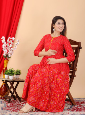 Most Women Printed Flared Kurta(Red)