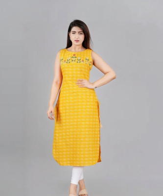 FIEBEE Women Embroidered A-line Kurta(Yellow)