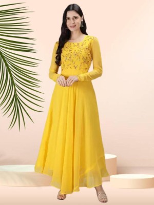 Imlie Women Embroidered Anarkali Kurta(Yellow)