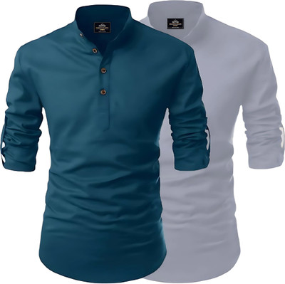 LIRMO Men Solid Straight Kurta(Dark Green, Grey)