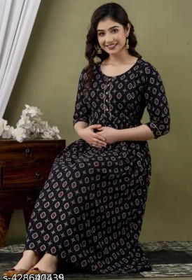 Om Shri Enterprises Women Block Print, Printed A-line Kurta(Black, Brown, Gold)