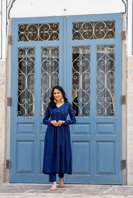MATIRAAG Women Embroidered, Solid Anarkali Kurta(Blue)
