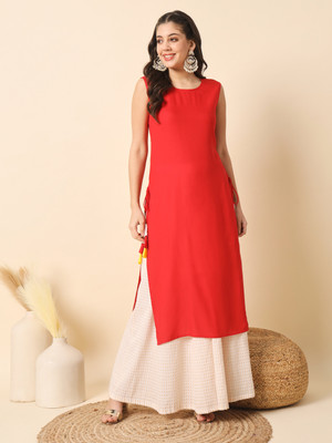 AKSHUNA Women Solid Straight Kurta(Red)