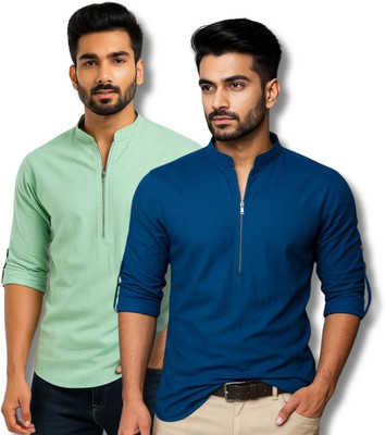 RAREMARK Men Solid Straight Kurta(Light Blue, Dark Blue)
