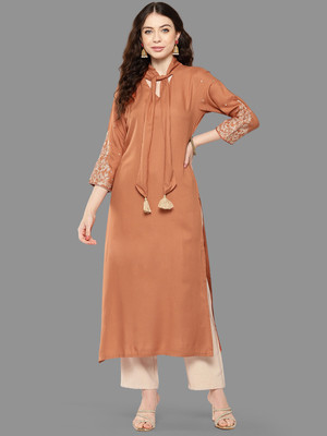 Janasya Women Solid Straight Kurta(Orange)