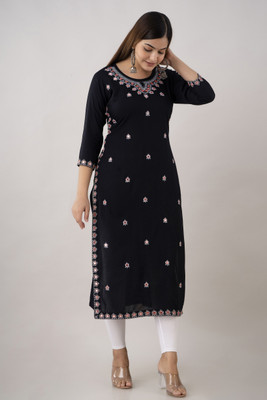 HouseOfCommon Women Embroidered Straight Kurta(Black)