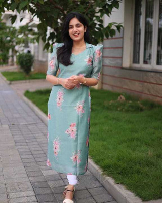 GRANTHI ART Women Printed Straight Kurta(Grey)