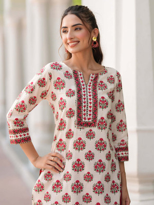 PHYSIL Women Floral Print, Printed Straight Kurta(White)