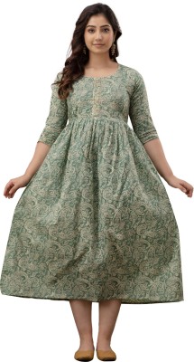 Moon Star Women Printed Gown Kurta(Light Green)