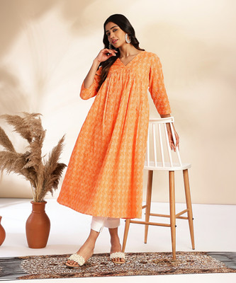 Janasya Women Woven Design A-line Kurta(Orange)