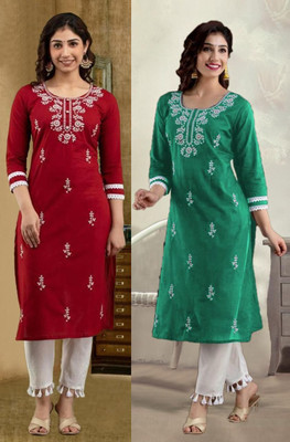 vikshi Women Chikan Embroidery Straight Kurta(Multicolor)