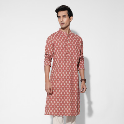 Indus Route by Pantaloons Men Printed Straight Kurta(Brown)