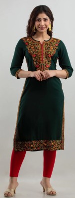 GOMOSWA INTERNATIONAL Women Embroidered Straight Kurta(Dark Green)