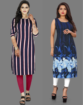 Hiral Creation Women Striped, Printed A-line Kurta(Blue, Purple)
