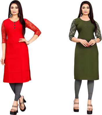 HOFC Women Solid Straight Kurta(Red, Green)