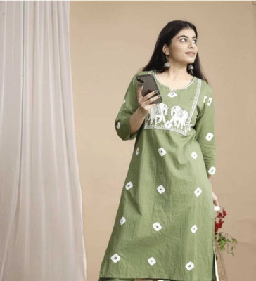SUCHAYE Women Bandhani, Embroidered Straight Kurta(Green)