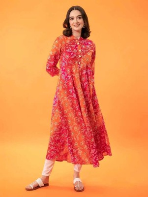 mk creation Women Bandhani Anarkali Kurta(Orange)