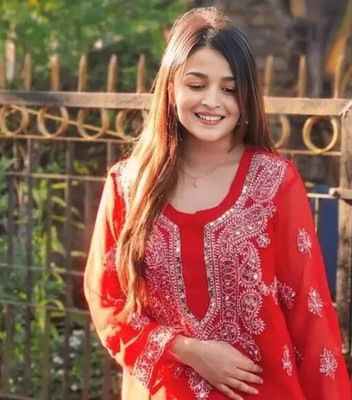 Chikankari Women Chikan Embroidery Straight Kurta(Red)