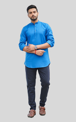 GOURI COLLECTIONS Men Solid Straight Kurta(Light Blue)