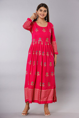 THE FABTASTICS Women Floral Print Flared Kurta(White)