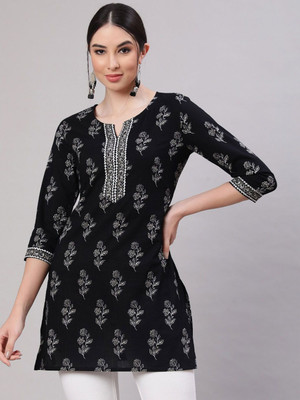 Fabris Women Floral Print Straight Kurta(Black)