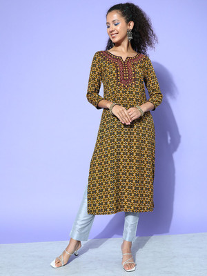 all about you Women Printed Straight Kurta(Yellow)