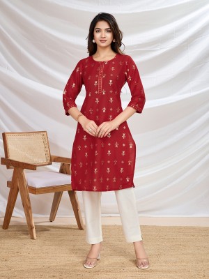 BESHASTUDIO Women Printed A-line Kurta(Red)