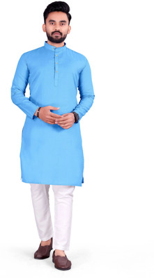 OMKAR EN TRENDS Men Printed Straight Kurta(Light Blue)