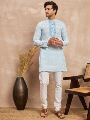 House of Pataudi Men Embroidered Straight Kurta(Light Blue)