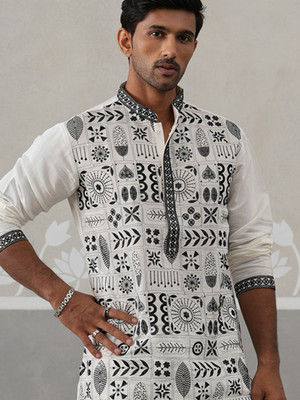 Jompers Men Embroidered Straight Kurta(White)