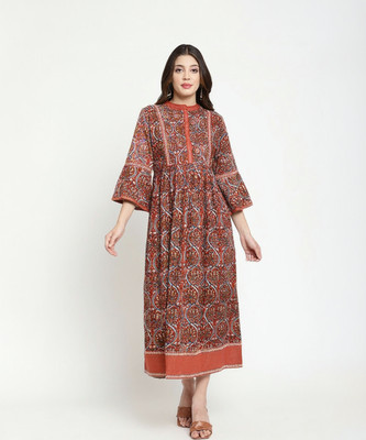 SAVI Women Block Print Flared Kurta(Brown)
