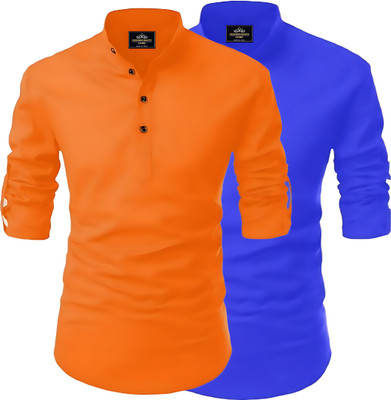 LIRMO Men Printed Straight Kurta(Orange, Dark Blue)