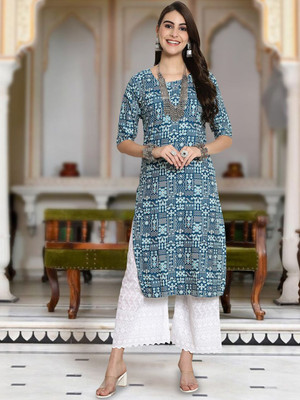 Moda Rapido Men Floral Print Straight Kurta(Blue)