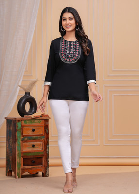 Bulbul Women Embroidered, Solid A-line Kurta(Black)
