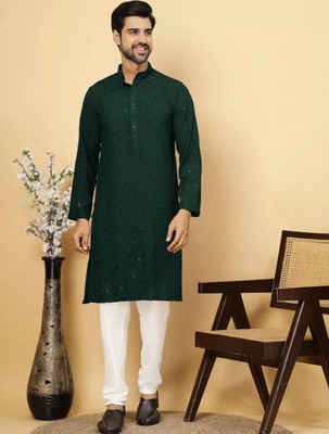 FIROZ Men Embroidered A-line Kurta(Green)