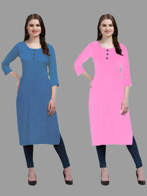 Coft Women Solid Straight Kurta(Light Blue, Pink)